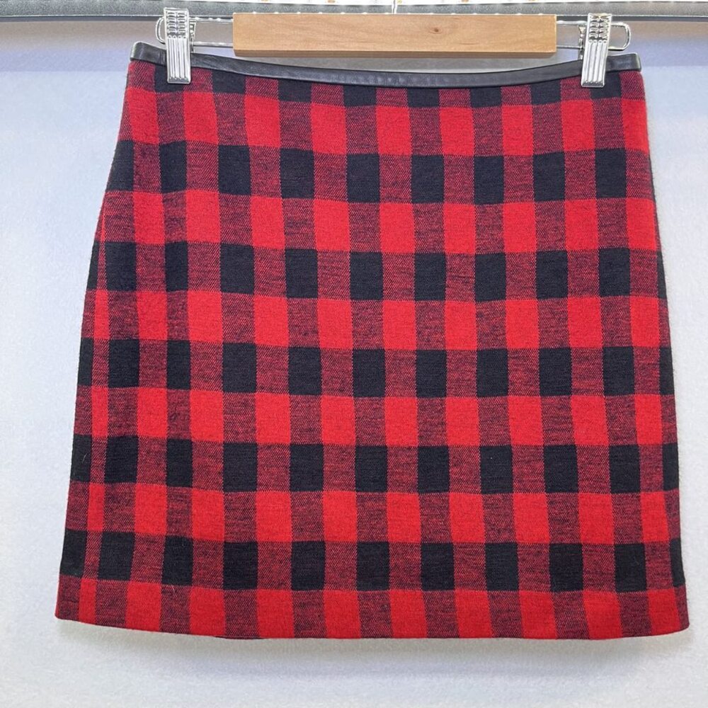 Madewell mini wool blend leather trim buffalo print red black skirt womens sz 4
